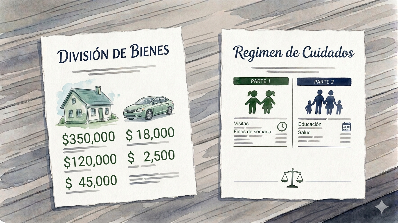 Hoy en día el divorcio es unilateral (es decir que no se requiere que ambos estén de acuerdo). Si es necesario elaborar un “convenio regulador" donde se acuerden las pautas sobre la vivienda, la distribución de bienes, la compensación económica y, si hay hijos, el cuidado personal y la cuota alimentaria.